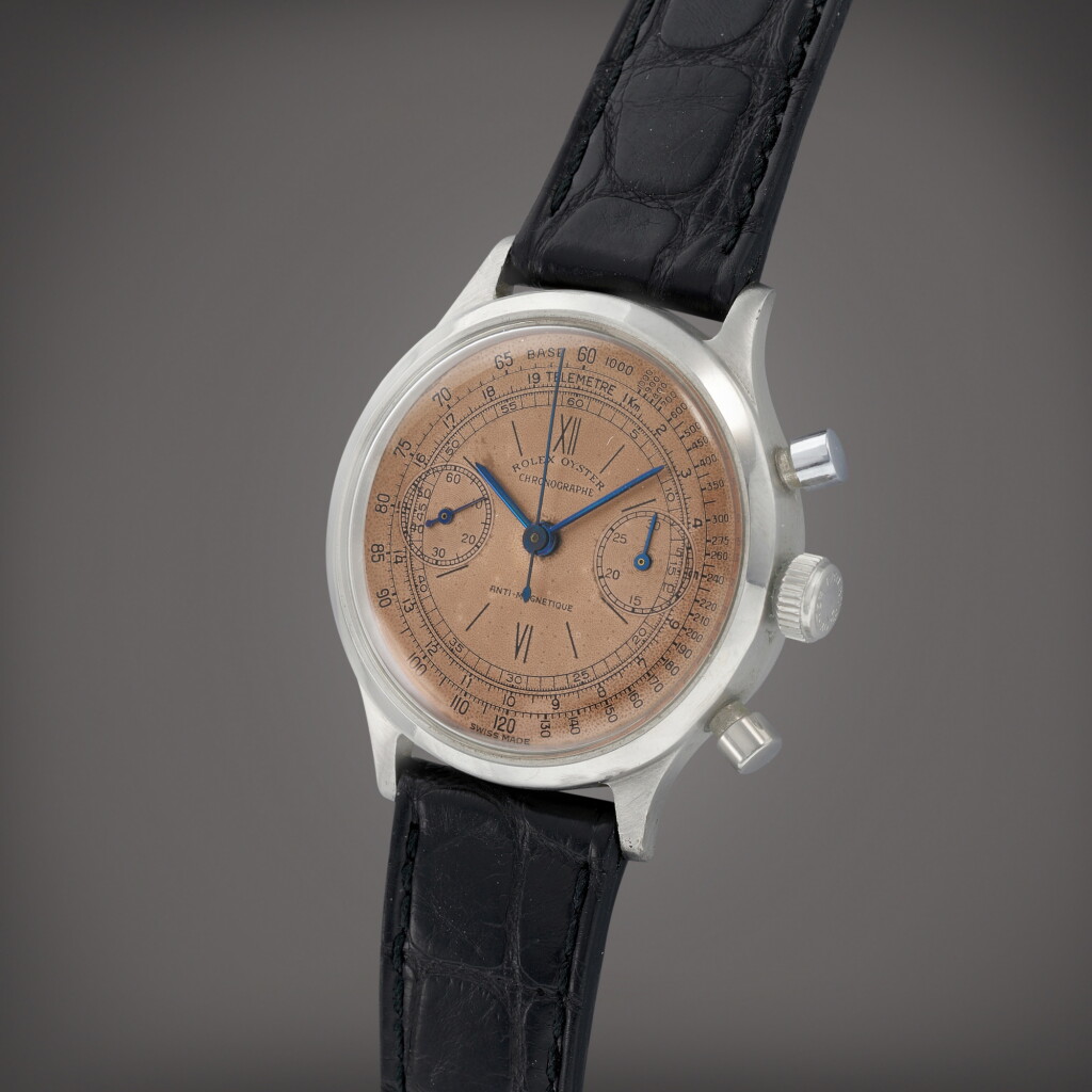 全螢幕檢視 - 查看99'Monoblocco', Reference 3525 | A stainless steel chronograph wristwatch | Circa 1941 | 勞力士 | 'Monoblocco' 型號3525 | 精鋼計時腕錶,製作年份約1941的1