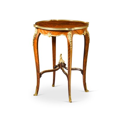 View full screen - View 1 of Lot 591. A French gilt-bronze mounted marquetry, kingwood, mahogany and rosewood centre table by François Linke, circa 1890.