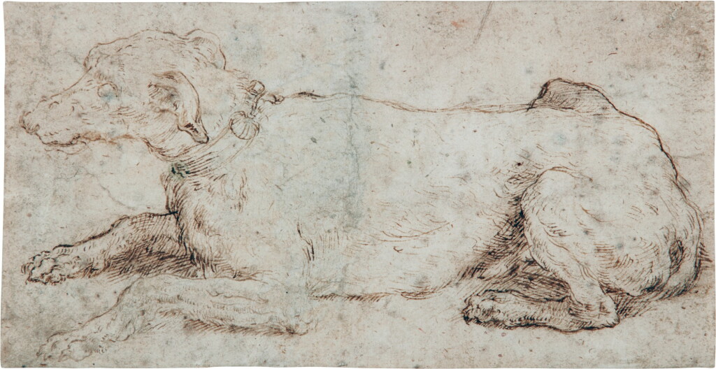 View full screen - View 1 of Lot 101. A dog wearing a collar decorated with scallop shells.