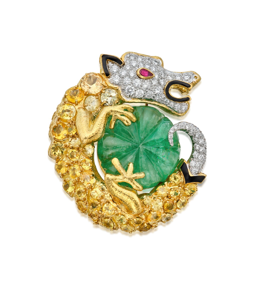 View full screen - View 1 of Lot 139. Emerald, Yellow Sapphire, Ruby, Diamond and Enamel Clip-Brooch.