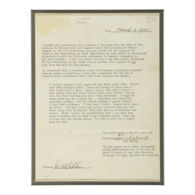 View full screen - View 1 of Lot 183. GEHRIG, LOU | Typed document signed ("Lou Gehrig") agreeing for a period of one year to license his name, portrait, and agreed-to statements for the promotion of Camel cigarettes.