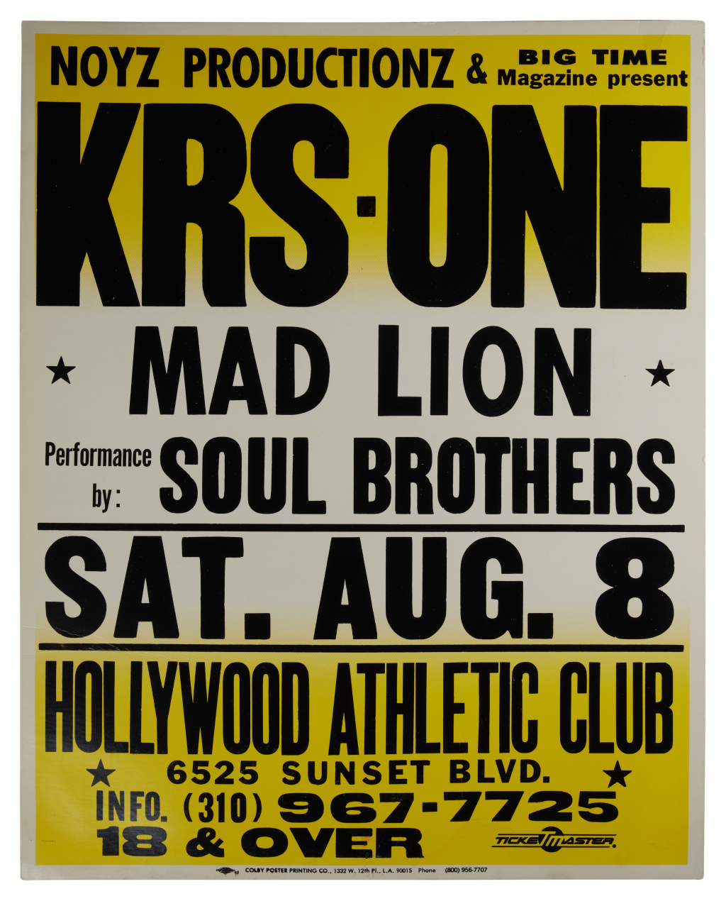 View full screen - View 1 of Lot 130. KRS-One at the Hollywood Athletic Club concert poster, 1998.