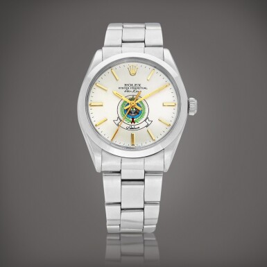 View full screen - View 1 of Lot 8733. Air King, Reference 5500 | A stainless steel wristwatch with Royal Saudi Air Force dial and bracelet, Circa 1978 | 勞力士 | Air King 型號5500 | 精鋼鏈帶腕錶,備沙烏地阿拉伯皇家空軍錶盤,約1978年製.