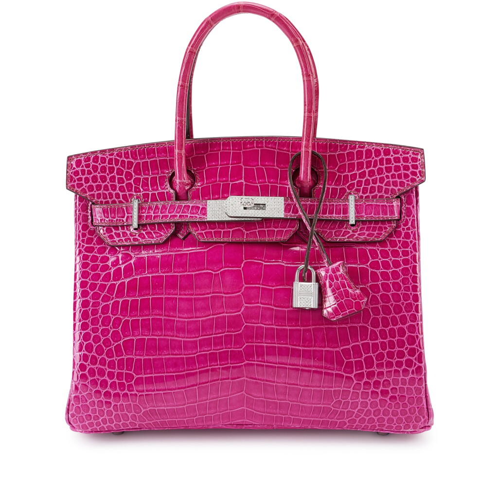 View full screen - View 1 of Lot 144. Fuchsia Shiny Porosus Crocodile Birkin 30 18K White Gold and Diamond Hardware, 2006.