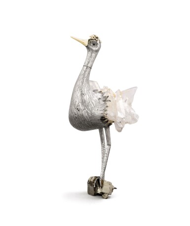 View full screen - View 1 of Lot 329. Silver crane with rock crystal, pyrite, nacre and warthog ivory, Luiz Ferreira, Porto, modern.