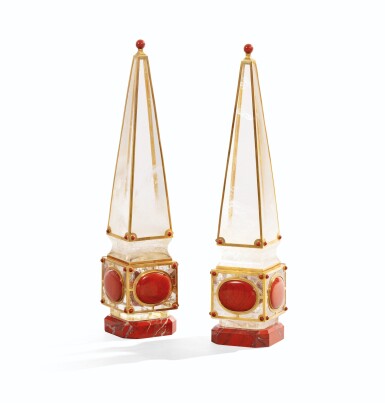 View full screen - View 1 of Lot 43. PAIR OF ROCK CRYSTAL OBELISKS, RED JASPER AND GOLD MOUNT, BY BOUCHERON, CIRCA 1960 | PAIRE D'OBÉLISQUES EN CRISTAL DE ROCHE, JASPE ROUGE ET MONTURE EN OR, PAR BOUCHERON, PARIS, VERS 1880.