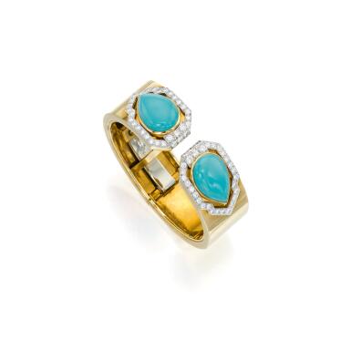 View full screen - View 1 of Lot 18. David Webb | Gold, Turquoise and Diamond Bangle-Bracelet.