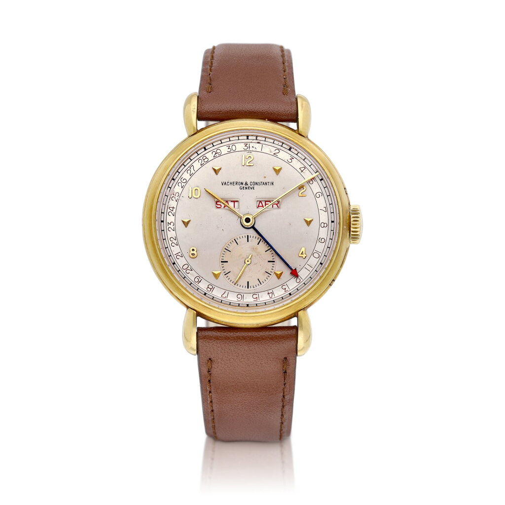 View full screen - View 1 of Lot 8256. Reference 4240 | A yellow gold triple calendar wristwatch with day and date, Circa 1950 | 江詩丹頓 型號4240 | 黃金全日曆腕錶,備日期及星期顯示,約1950年製.