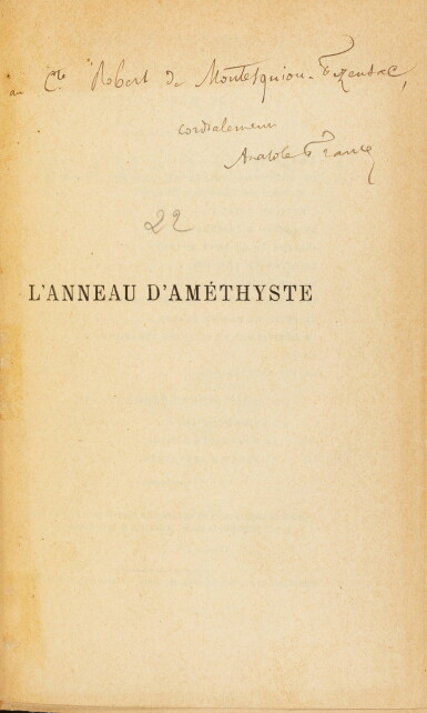 View full screen - View 1 of Lot 132. L'Anneau d'améthyste. 1899. Demi-chagrin vert. Envoi à Montesquiou + l.a.s de Sacha Guitry.