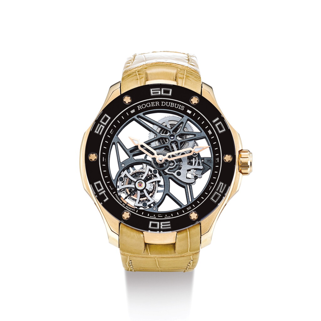 View full screen - View 1 of Lot 2020. ROGER DUBUIS | PULSION, REFERENCE DBPU0001 A LIMITED EDITION PINK GOLD SKELETONISED TOURBILLON WRISTWATCH, CIRCA 2015 | 羅杰杜彼 | "Pulsion 型號DBPU0001 限量版粉紅金鏤空陀飛輪腕錶,機芯編號825,錶殼編號X096FH及0079/0188,約2015年製".