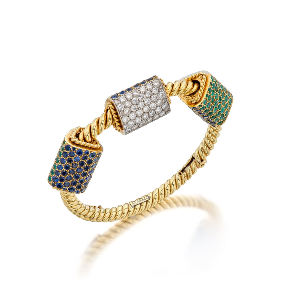 View full screen - View 1 of Lot 118. Gold, Sapphire, Emerald and Diamond Bracelet.