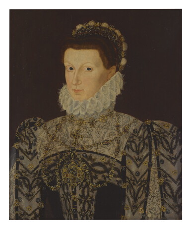 View full screen - View 1 of Lot 1. CIRCLE OF GEORGE GOWER | PORTRAIT OF A LADY, HALF-LENGTH, IN AN ELABORATE DRESS AND COLLAR.