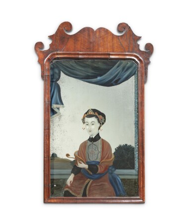 View full screen - View 1 of Lot 164. A George II walnut Chinese export reverse glass painted mirror, mid 18th century | Miroir en verre églomisé, travail chinois destiné au marché européen, milieu du XVIIIe siècle.