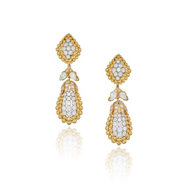 View full screen - View 1 of Lot 329. Pair of Gold and Diamond Pendant-Earclips.