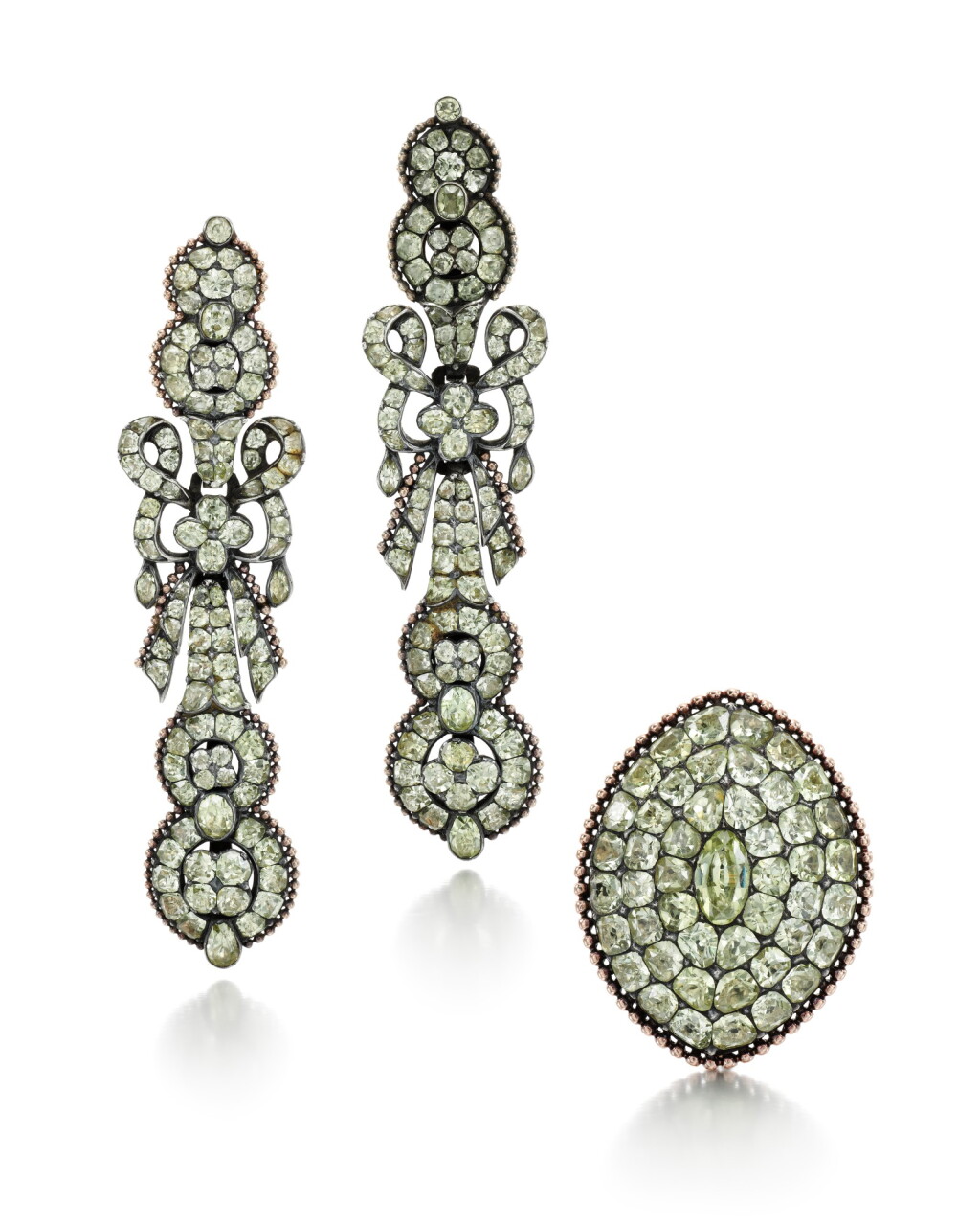 View full screen - View 1 of Lot 214. PAIR OF CHRYSOBERYL EARRINGS AND A RING.