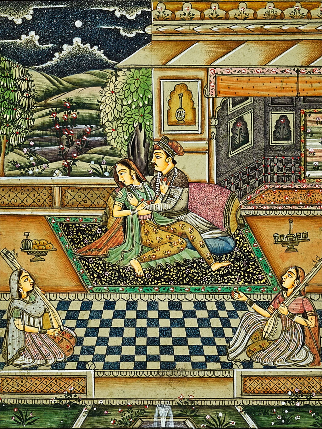 View full screen - View 1 of Lot 2057. A miniature painting of lovers embracing on a veranda Delhi School, 20th century | 二十世紀 德里畫派《情人相偎》印度細密畫.
