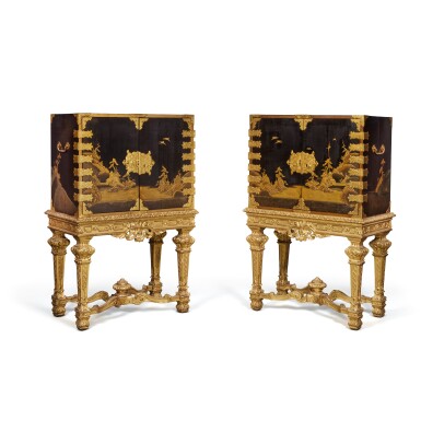 View full screen - View 1 of Lot 711. A Pair of Japanese Gilt-Metal Mounted Black and Gold Lacquer Cabinets, 18th/19th Century, on later Louis XIV Giltwood Stands.