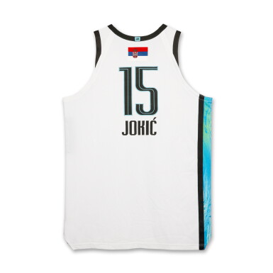 View full screen - View 1 of Lot 2. Nikola Jokic 2026 NBA All-Star Game Media Day Jersey | Serbian Flag Patch .