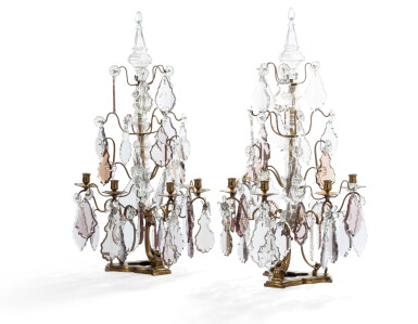 View full screen - View 1 of Lot 83. A pair of Louis XV style gilt-bronze cut-crystal and cut-glass girandoles | Paire de girandoles en bronze doré, cristal taillé et verres de style Louis XV.