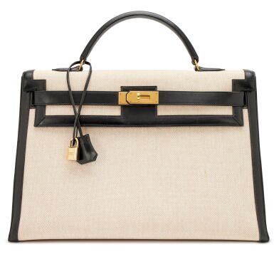 View full screen - View 1 of Lot 27. Vintage Black Box and Ecru Toile H Kelly 40 Sellier Gold Hardware, 1993.