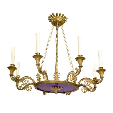 View full screen - View 1 of Lot 877. A GERMAN NEOCLASSICAL GILT METAL AND COBALT GLASS EIGHT-LIGHT CHANDELIER AFTER A DESIGN BY SCHINKEL, CIRCA 1815.