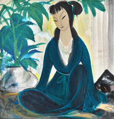 View full screen - View 1 of Lot 3140. 林風眠 Lin Fengmian | 藍衣仕女 Lady in Blue Gown.