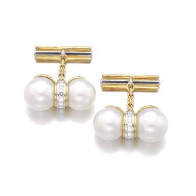 View full screen - View 1 of Lot 959. Pair of cultured pearl and diamond cufflinks.