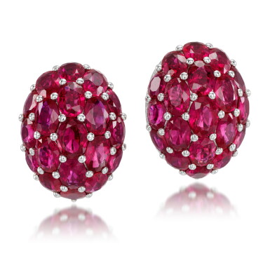 View full screen - View 1 of Lot 119. Pair of ruby and diamond earrings.