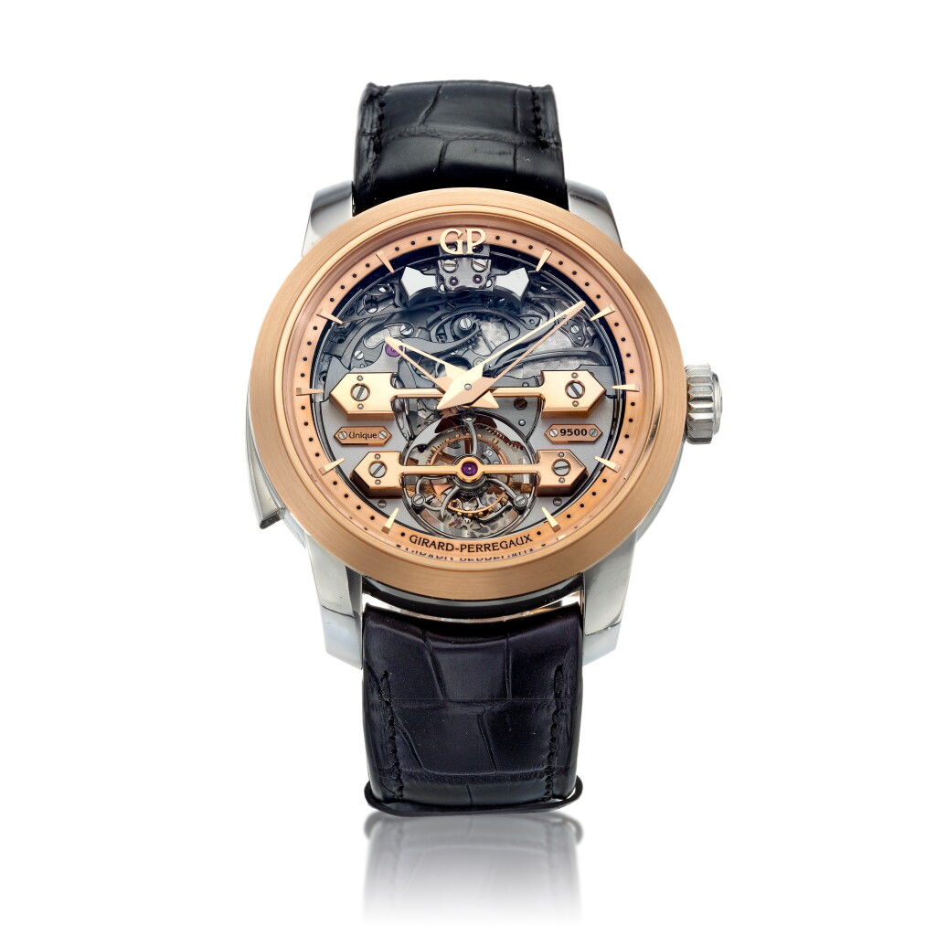 View full screen - View 1 of Lot 95. Reference 99820 Piece Unique Golden Bridges Minute Repeater Tourbillon, A unique pink gold and titanium minute repeating tourbillon wristwatch, Circa 2015 芝柏 99820 型號 Piece Unique Golden Bridges Minute Repeater Tourbillon 獨特粉紅金及鈦金屬三問陀飛輪腕錶,約2015年製.