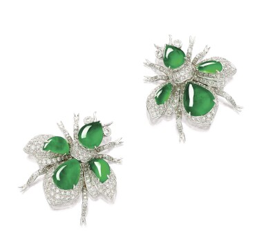 View full screen - View 1 of Lot 1626. Pair of Jadeite and Diamond Brooches | 天然翡翠 配 鑽石 胸針一對.