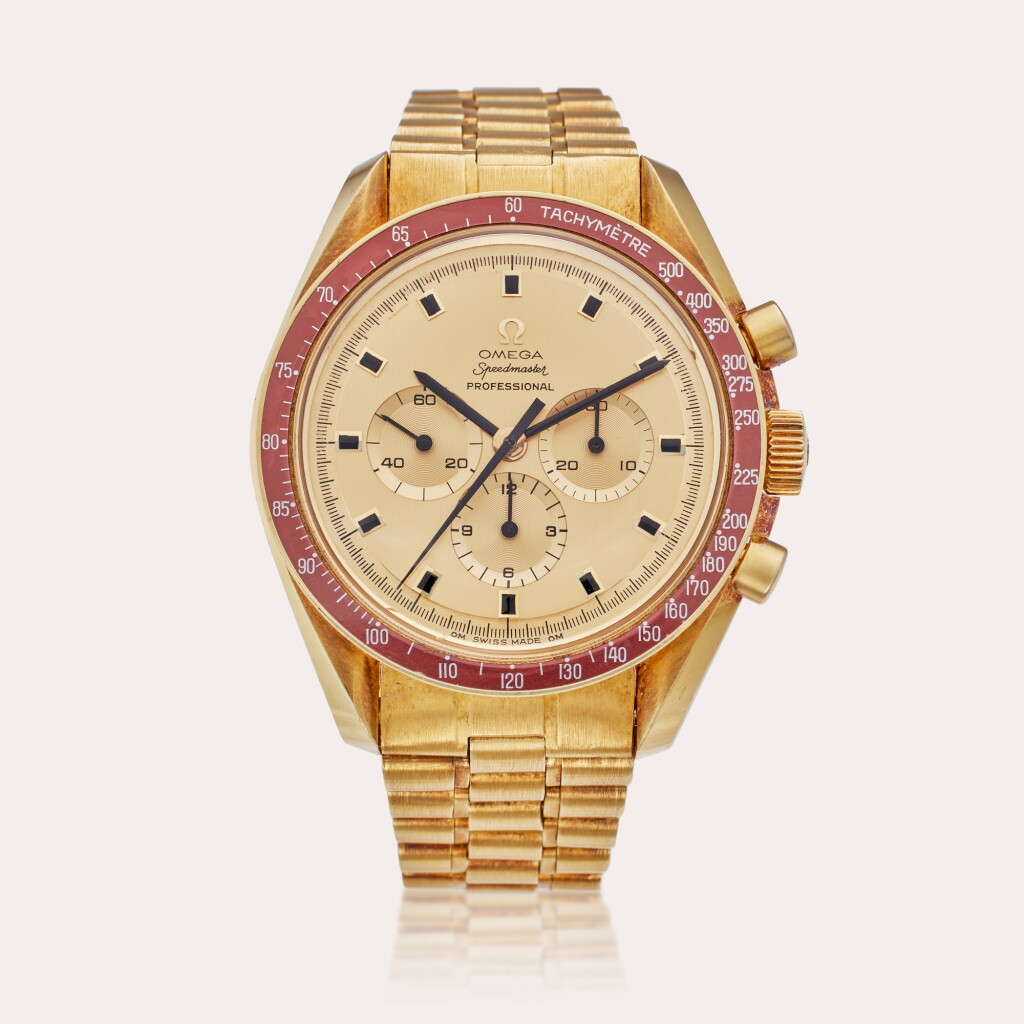 View full screen - View 1 of Lot 144. Reference BA 145.022-69 Speedmaster "'Gus' Grissom" | A historically important limited edition yellow gold chronograph wristwatch with bracelet and engraved case back, Presented to NASA "Mercury Seven" astronaut Virgil Ivan "Gus" Grissom, Circa 1969.