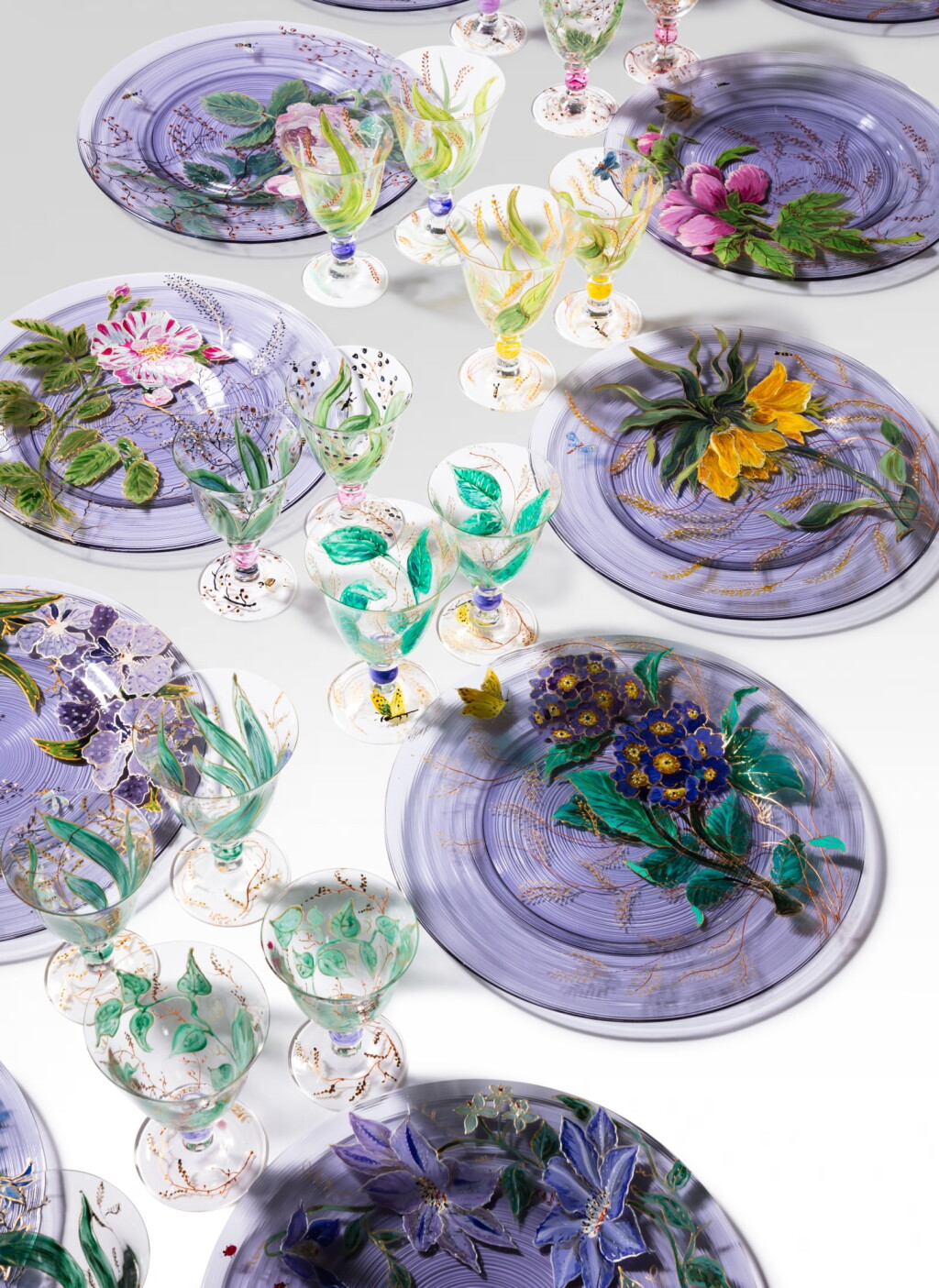 View full screen - View 1 of Lot 159. Set of 24 plates, 23 wine glasses and 23 water glasses, unique piece.