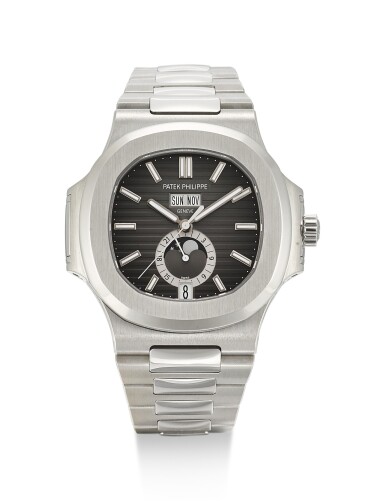 View full screen - View 1 of Lot 23. PATEK PHILIPPE | NAUTILUS, REFERENCE 5726, A BRAND NEW STAINLESS STEEL ANNUAL CALENDAR WRISTWATCH WITH MOON PHASES, 24 HOUR INDICATION AND BRACELET, CIRCA 2018.