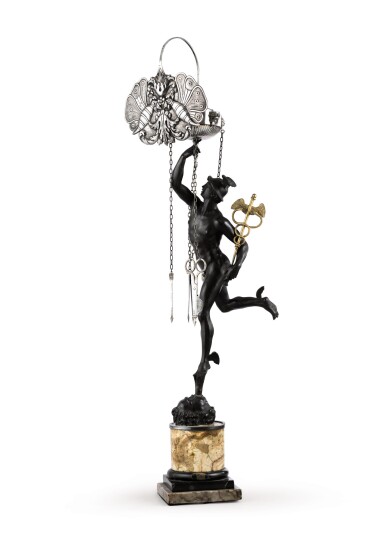 View full screen - View 1 of Lot 35. AN ITALIEN SILVER AND BRONZE LIBRARY LAMP, GASPARE NOBLER, ROME, CIRCA 1845 | LAMPE DE BIBLIOTHÈQUE EN BRONZE ET ARGENT, LA LAMPE EN ARGENT PAR GASPARE NOBLER, ROME, VERS 1845.