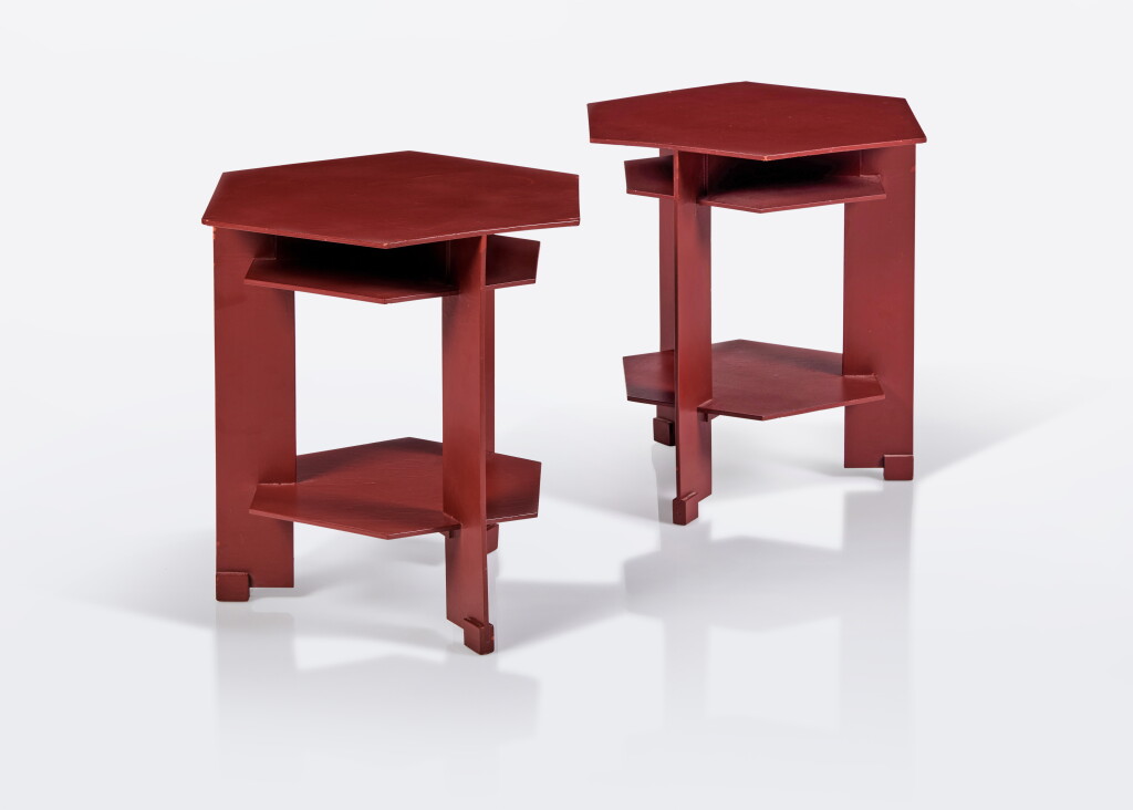 View full screen - View 1 of Lot 141. Pair of Hexagonal Tables from the Ina Morris Harper House, St. Joseph, Michigan.