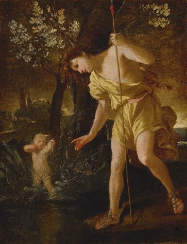 View full screen - View 1 of Lot 40. NICOLAS POUSSIN | NARCISSUS GAZING AT HIS REFLECTION AND CUPID SHOOTING AN ARROW, IN A LANDSCAPE.