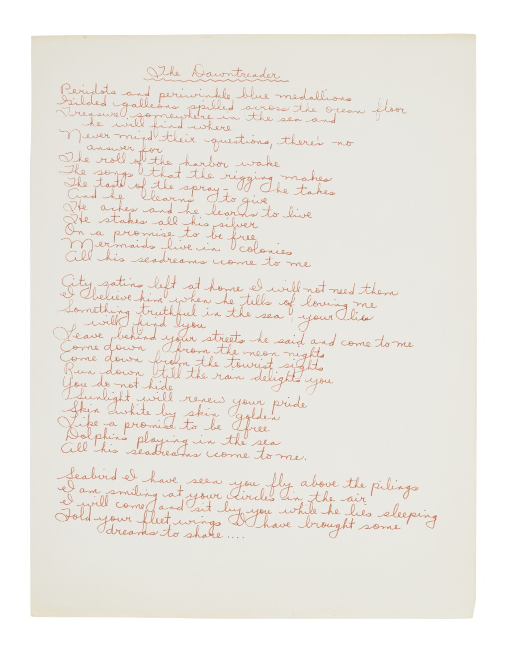 View full screen - View 1 of Lot 21. Joni Mitchell | Manuscript lyric sheet for Joni Mitchell’s “The Dawntreader” ca. 1968.
