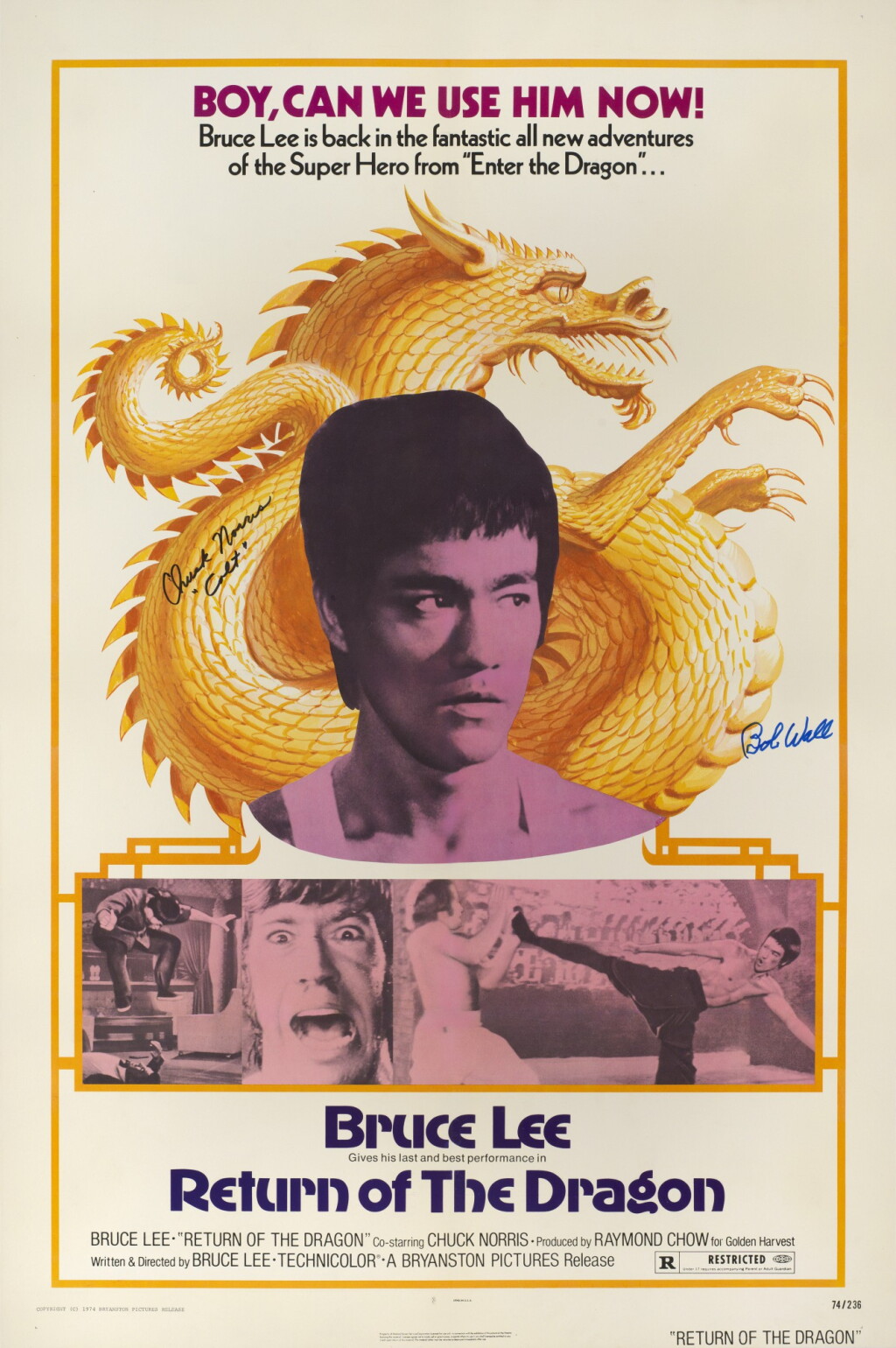 View full screen - View 1 of Lot 159. Meng long guo jiang/ The Way of the Dragon/ Return of the Dragon (1972), US dubbed version poster, alternative title (1974), signed by Bob Wall and Chuck Norris.
