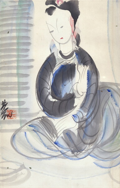 View full screen - View 1 of Lot 9011. 林風眠 藍衣少女| Lin Fengmian, Lady in Blue.