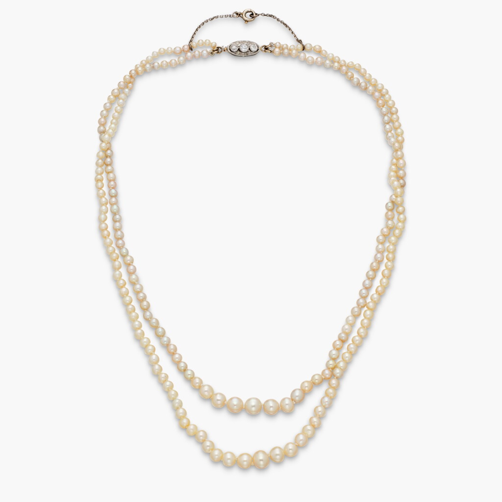 View full screen - View 1 of Lot 551. Natural Pearl and Diamond Necklace, France.