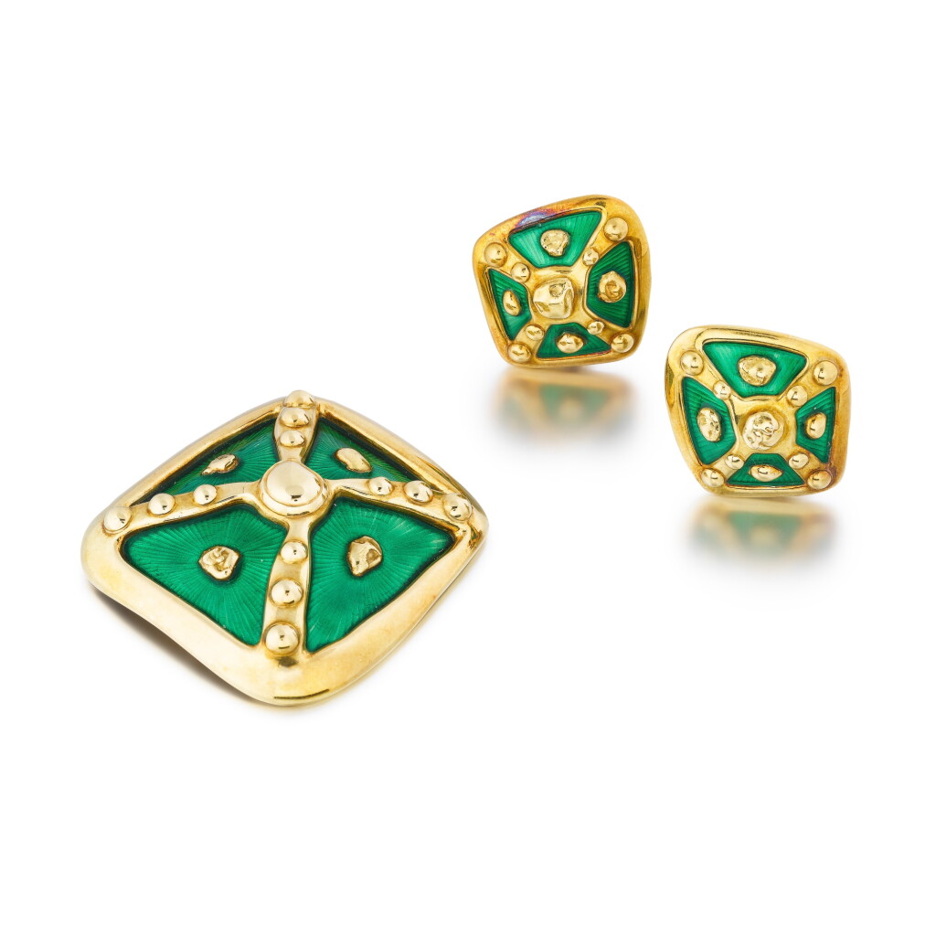 View full screen - View 1 of Lot 57. Enamel and gold demi-parure | Demi-parure émail et or Elizabeth Gage.