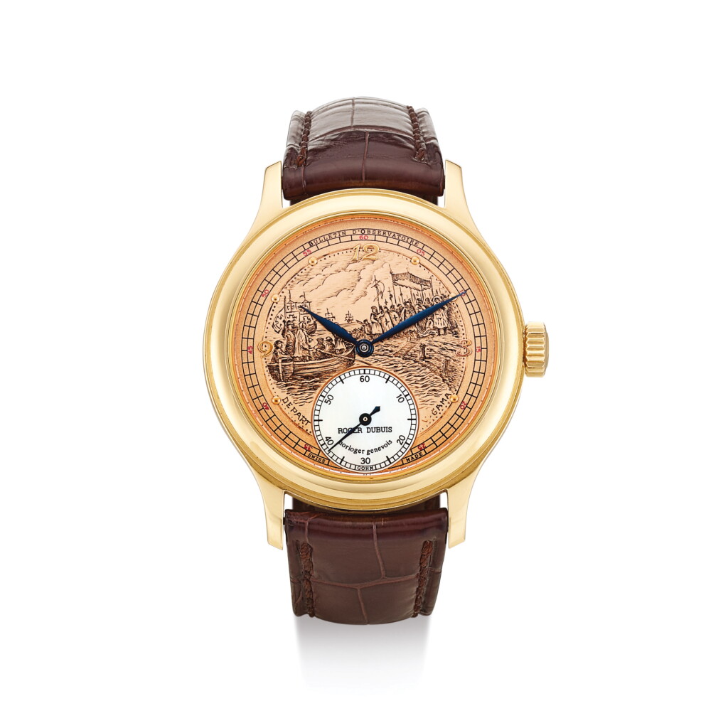 View full screen - View 1 of Lot 2012. ROGER DUBUIS | HOMAGE, REFERENCE 40275 A UNIQUE PINK GOLD WRISTWATCH WITH HAND ENGRAVED AND MOTHER OF PEARL DIAL, MADE IN 1996 | 羅杰杜彼 | "Homage 型號40275 獨一無二粉紅金腕錶,備手工雕刻及珠母貝錶盤,機芯編號09,錶殼編號195610,1996年製".