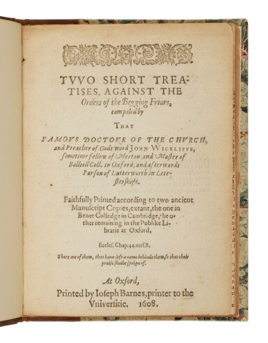 View full screen - View 1 of Lot 60. Wycliffe, John | First edition of a scarce pamphlet.