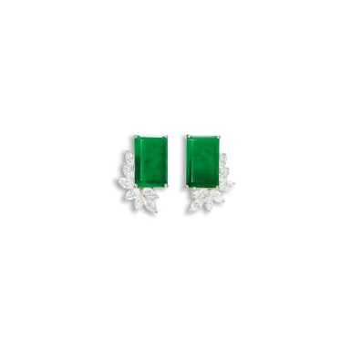 View full screen - View 1 of Lot 1774. PAIR OF JADEITE AND DIAMOND EARRINGS 天然翡翠 配 鑽石 耳環一對.