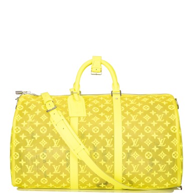 View full screen - View 1 of Lot 87. LOUIS VUITTON | YELLOW MONOGRAM KEEPALL BANDOULÍÈRE 50 IN EMBROIDERED MESH AND LEATHER WITH SILVER TONE HARDWARE.