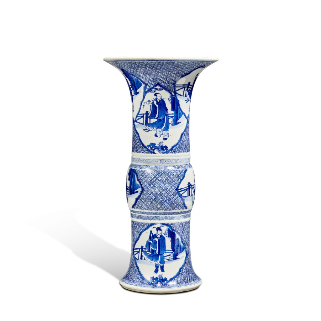 View full screen - View 1 of Lot 124. A blue and white ' figural' beaker vase, Qing dynasty, Kangxi period.