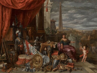 View full screen - View 1 of Lot 187. The spoils of war: an allegorical still life of armour, weapons, instruments and symbols of vanitas, a city beyond.