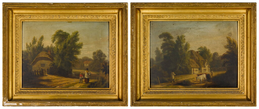 View full screen - View 1 of Lot 196. Cattle watering near houses; Two figures in a village.