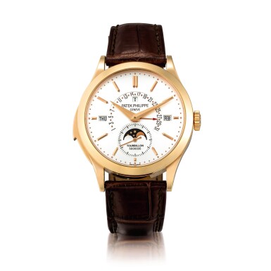 View full screen - View 1 of Lot 2247. Patek Philippe | Reference 5216, A pink gold minute repeating perpetual calendar tourbillon wristwatch with retrograde date, moon phases and leap year indication, Circa 2018 | 百達翡麗 | 型號5216 粉紅金三問萬年曆陀飛輪腕錶,備逆跳日期及月相顯示,約2018年製.