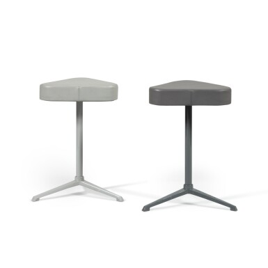 View full screen - View 1 of Lot 441. Pair of Trio stools, designed in 2014 | Ein Paar Trio Hocker aus Metall und Leder, Entwurf von 2014, gestempelt Stockman D&P EC unter einem Fuß, Edition Domeau & Peres.